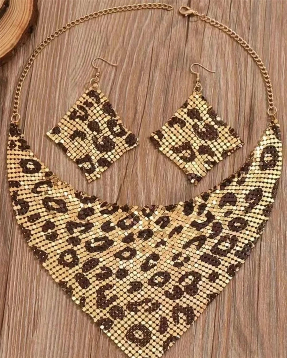 A Very Stylish leopard print bib necklace and dangle earring set
