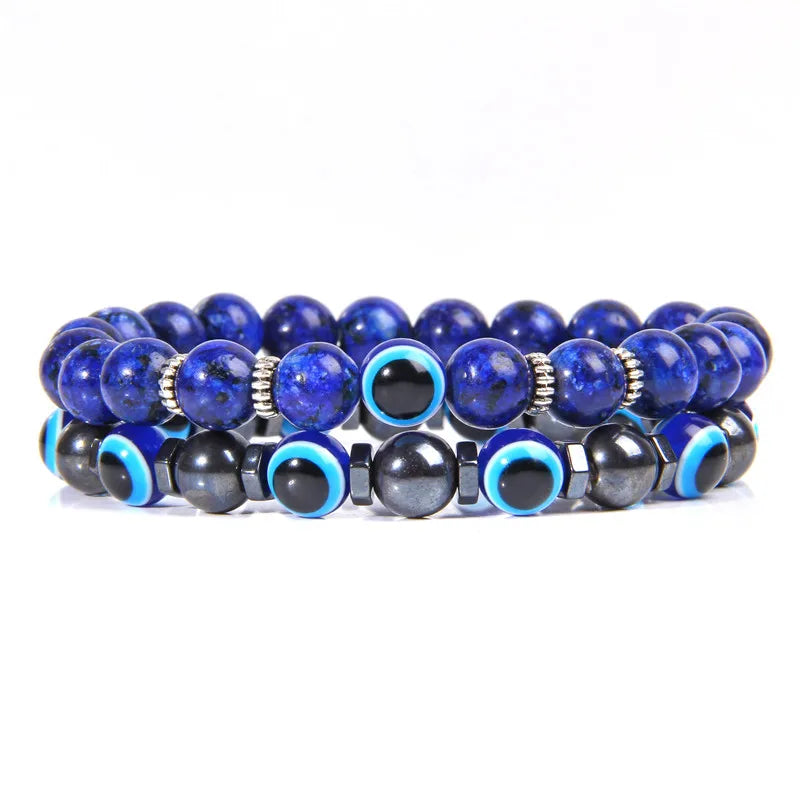 Handmade Evil Eye Natural Stone Bracelet Set – Elastic Lava Rock and Hematite Multilayer Jewelry