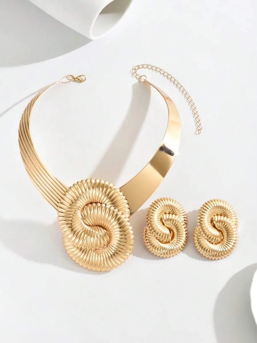 Heavy Metal Swirl Charm Choker & Earrings Set – Elegant Geometric Jewelry Suite Banquet, Party, and Runway Fashion