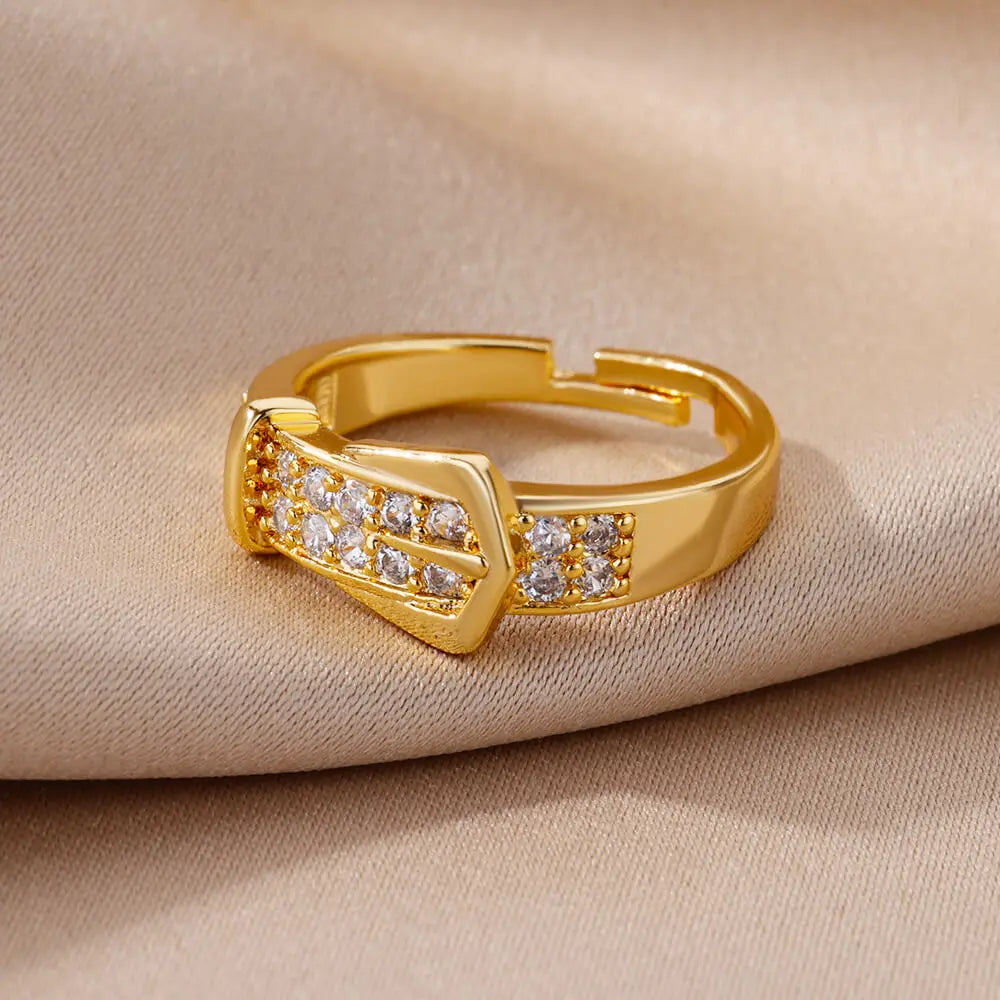 Adjustable Geometric Belt Ring – Tarnish-Free Stainless Steel & Zirconia Wedding Gift