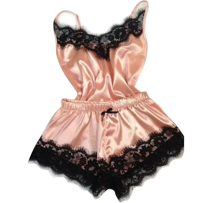 Luxury Satin Lingerie Sleepwear Set – Sexy Lace Trim Cami and Ruffle Shorts Nightwear