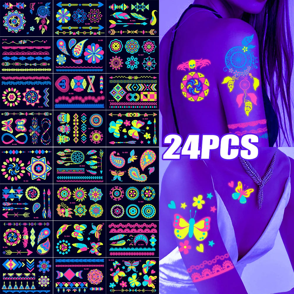 12/24pc Neon UV Glow Tattoos – Fluorescent Body & Face Stickers for Rave Parties, Music Festivals, and Nightclub Glam