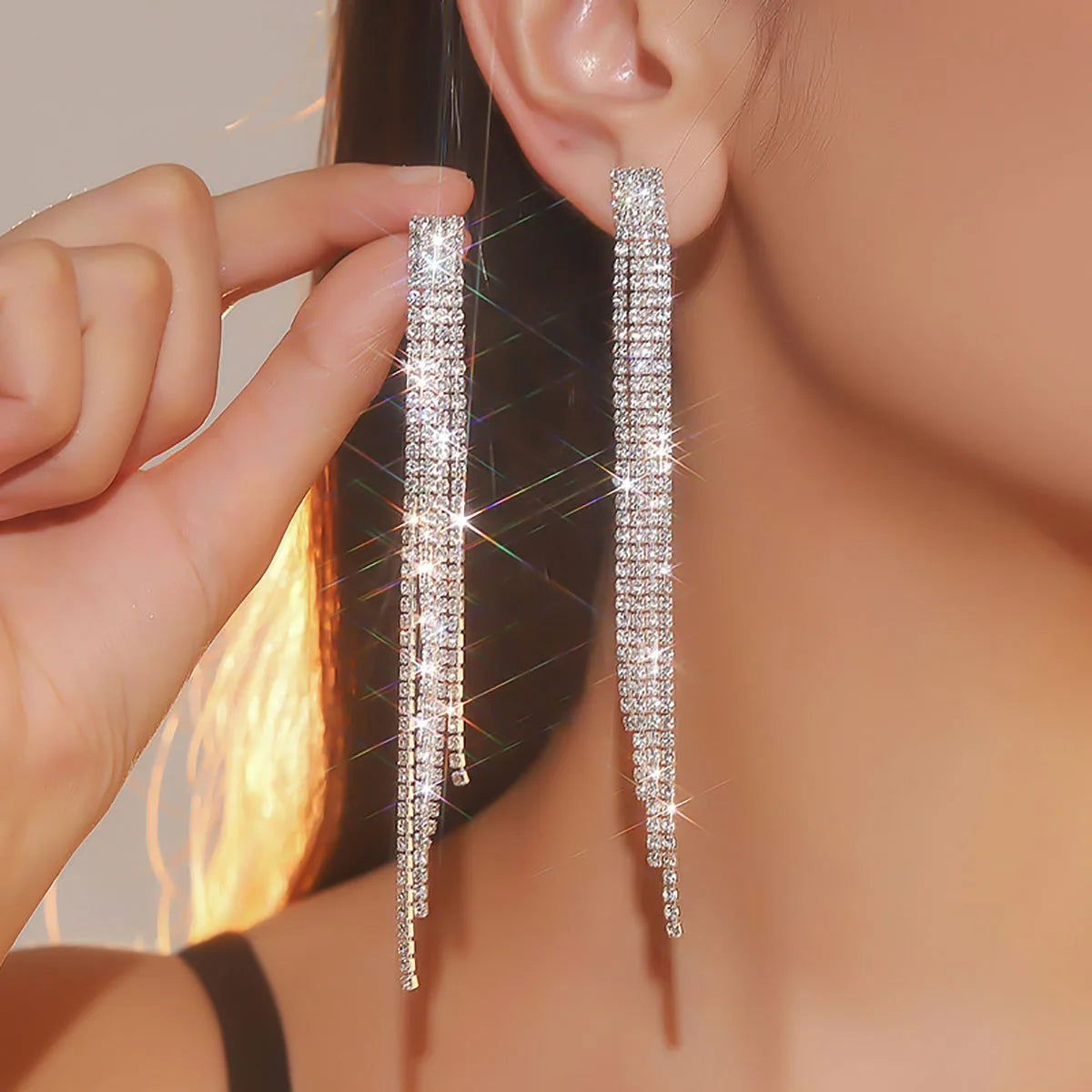 Glamorous Crystal Tassel Dangles  4 Lines Long Rhinestone Evening Earrings