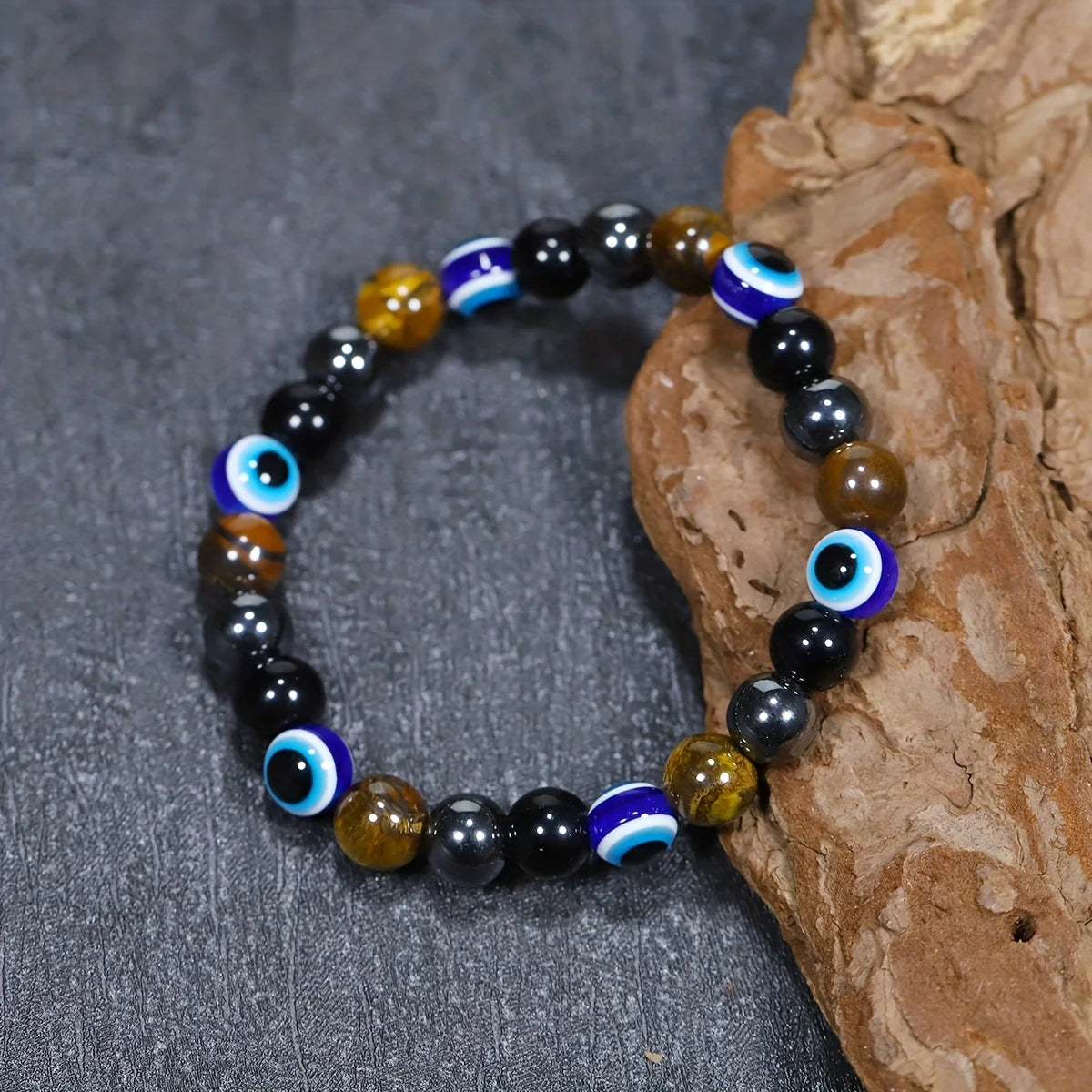 Wealth Protection Stretch Bracelet – Blue Evil Eye, Hematite, Yellow Tiger‘s Eye, Obsidian