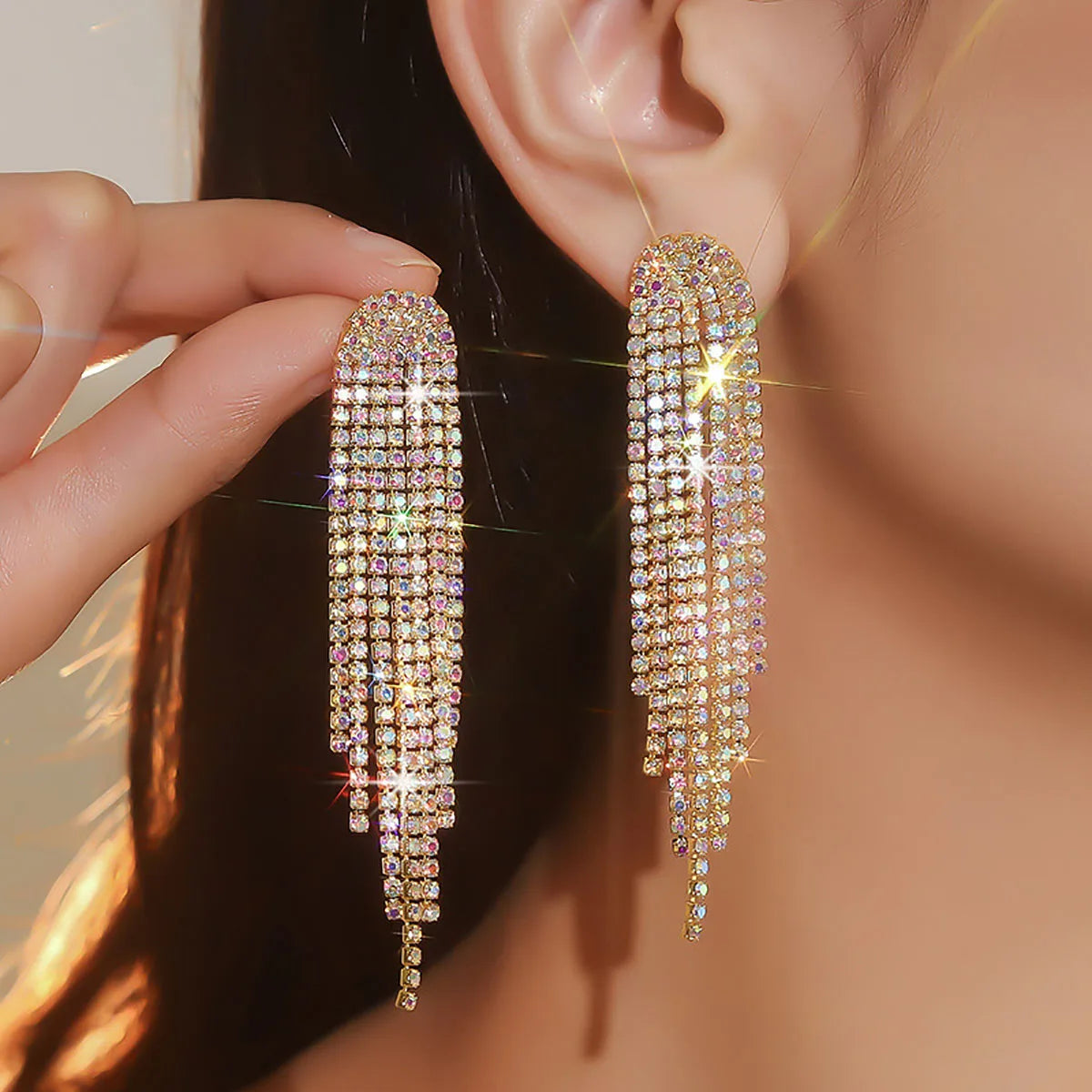 Glamorous Crystal Tassel Dangles  4 Lines Long Rhinestone Evening Earrings