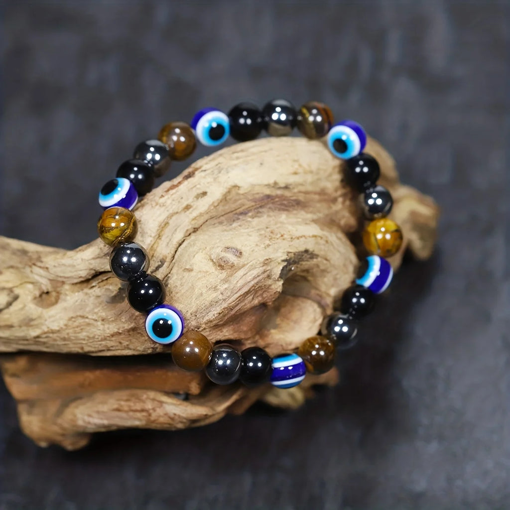 Wealth Protection Stretch Bracelet – Blue Evil Eye, Hematite, Yellow Tiger‘s Eye, Obsidian