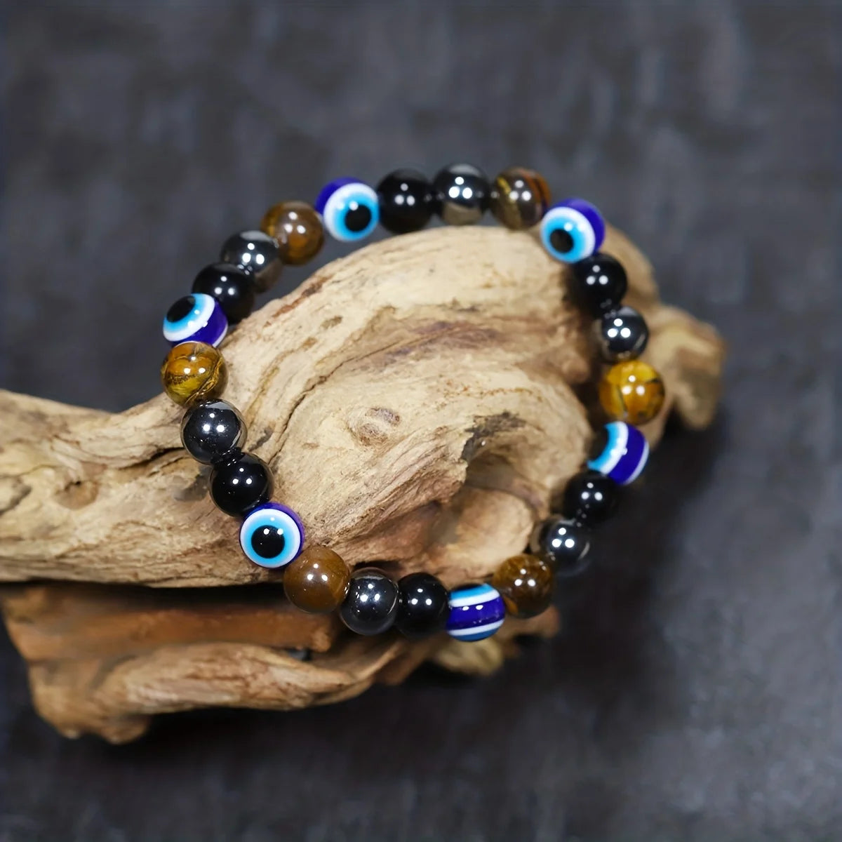 Wealth Protection Stretch Bracelet – Blue Evil Eye, Hematite, Yellow Tiger‘s Eye, Obsidian
