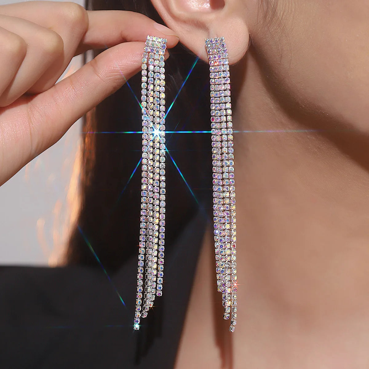 Glamorous Crystal Tassel Dangles  4 Lines Long Rhinestone Evening Earrings