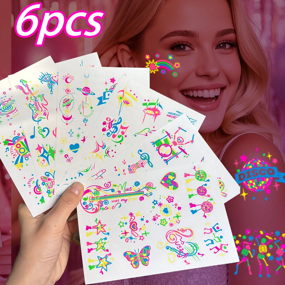 12/24pc Neon UV Glow Tattoos – Fluorescent Body & Face Stickers for Rave Parties, Music Festivals, and Nightclub Glam