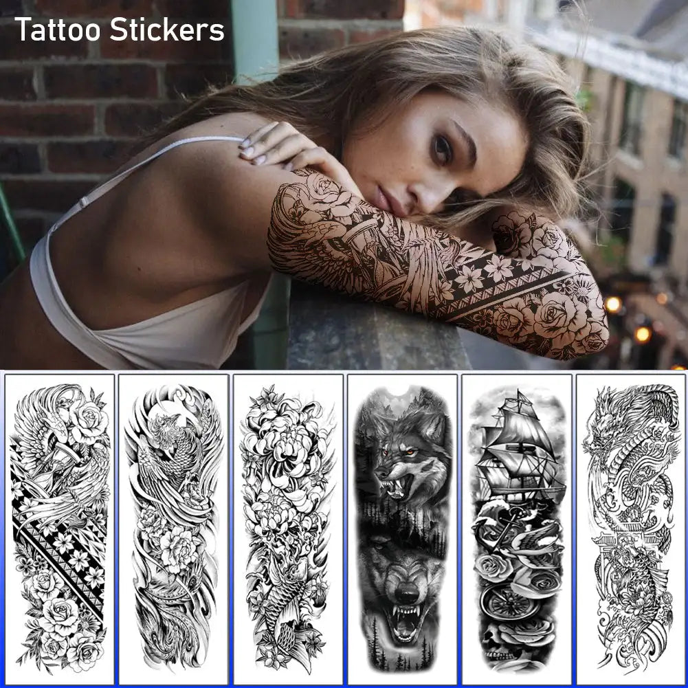 Large Waterproof Full Arm Temporary Tattoo – Intricate Totem & Geometric Sleeve Sticker