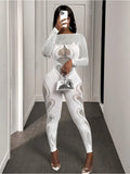 FHSEER  Sexy Jumpsuit Sheer Mesh Long Sleeve Hollow Out Bodycon High-Waist Stretchy Club Party Date Night Out Outfit
