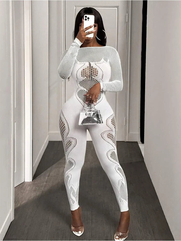 FHSEER  Sexy Jumpsuit Sheer Mesh Long Sleeve Hollow Out Bodycon High-Waist Stretchy Club Party Date Night Out Outfit