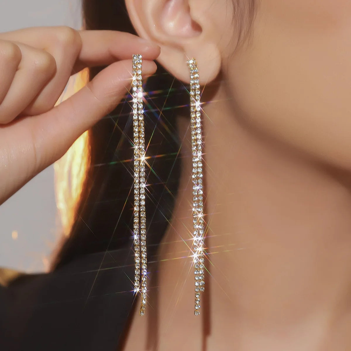 Glamorous Crystal Tassel Dangles  4 Lines Long Rhinestone Evening Earrings