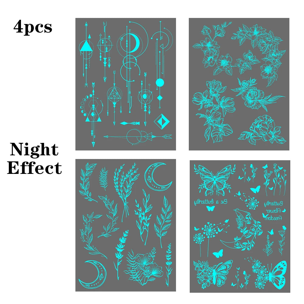 Glow-in-the-Dark Temporary Tattoo Sticker  4pcs Set – Waterproof Geometric Butterfly & Flower Designs