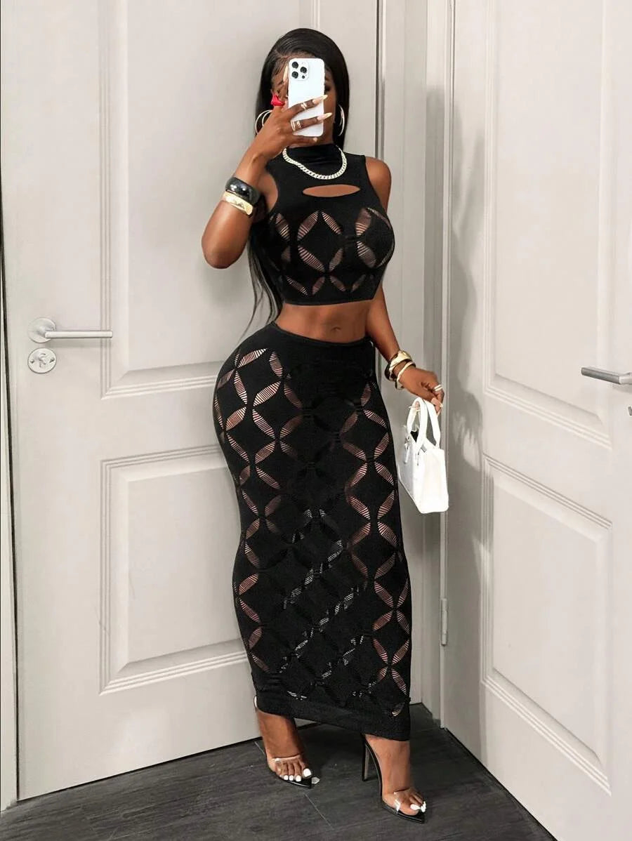Modern Silhouette Diamond-Cutout Maxi Set – Chic Two-Piece Lounge Ensemble Stretechy Clubwear