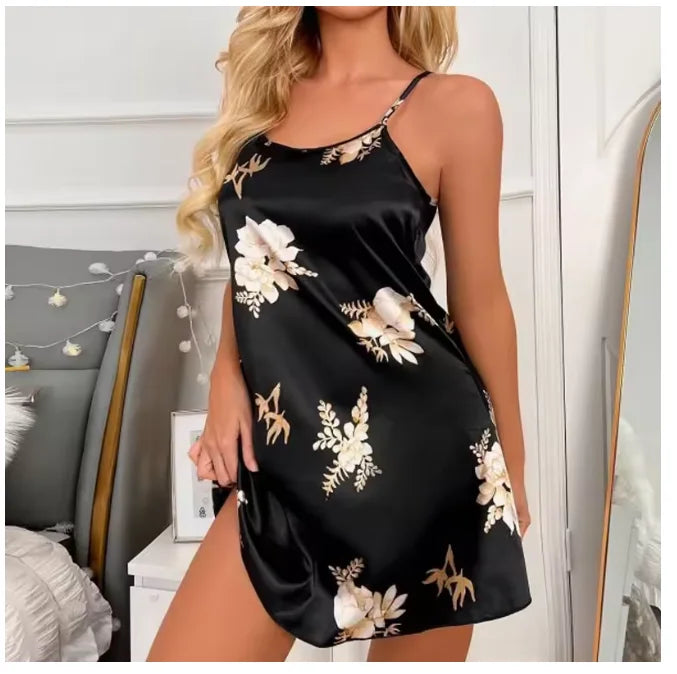 floral-printed satin sling nightgown is a popular choice for sleepwear and loungewear Mini Dress