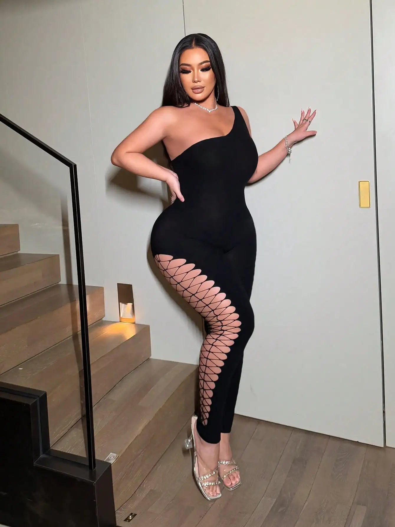 Urban Edge" One-Shoulder Lattice Cutout Jumpsuit