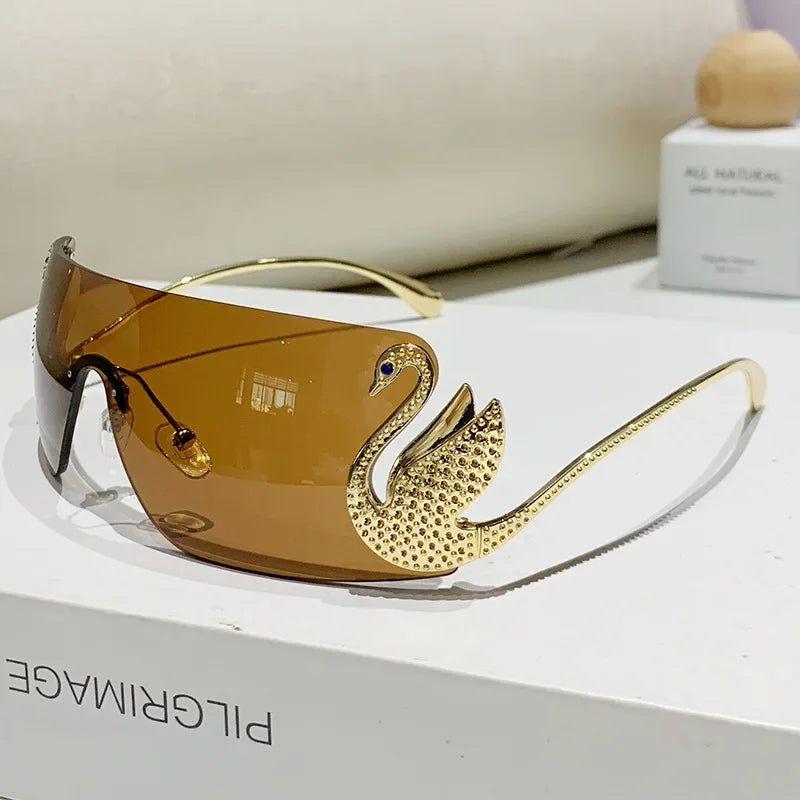 Trendy Y2K Vintage Rimless Sunglasses – Luxury One-Piece Lens Designer Eyewear for Women