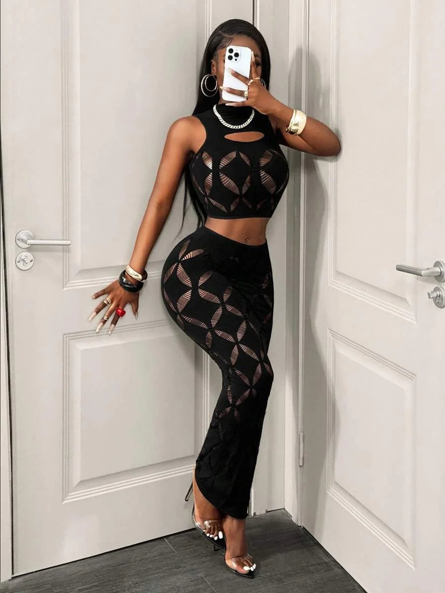 Modern Silhouette Diamond-Cutout Maxi Set – Chic Two-Piece Lounge Ensemble Stretechy Clubwear