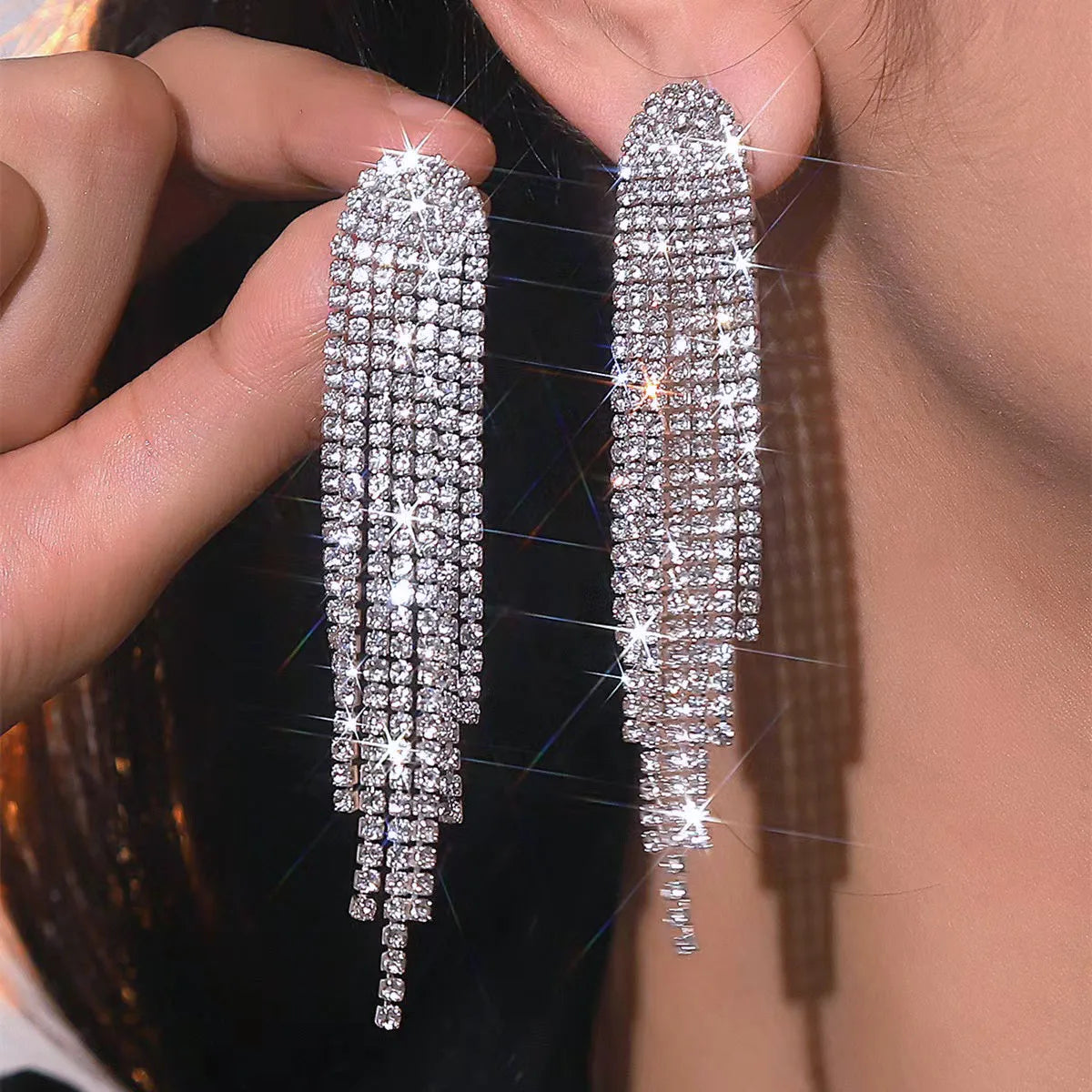Glamorous Crystal Tassel Dangles  4 Lines Long Rhinestone Evening Earrings
