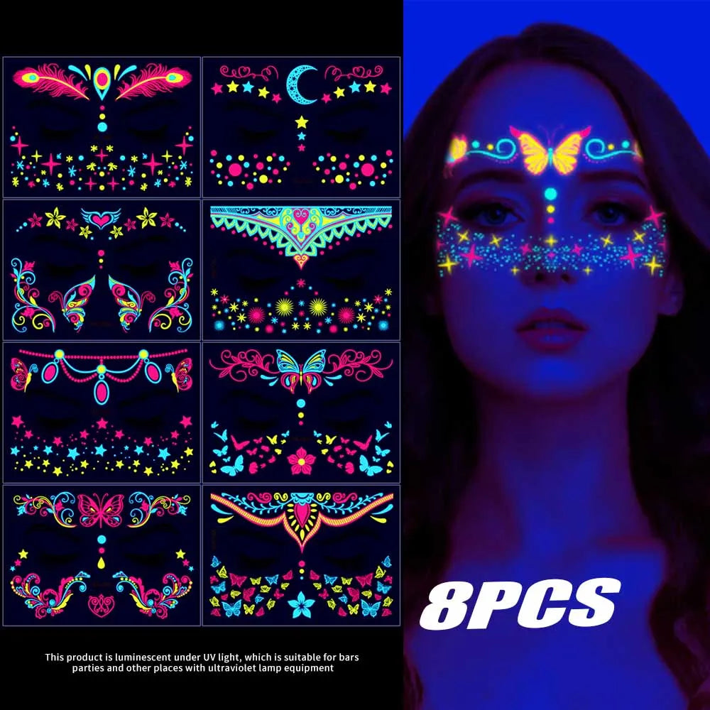 12/24pc Neon UV Glow Tattoos – Fluorescent Body & Face Stickers for Rave Parties, Music Festivals, and Nightclub Glam