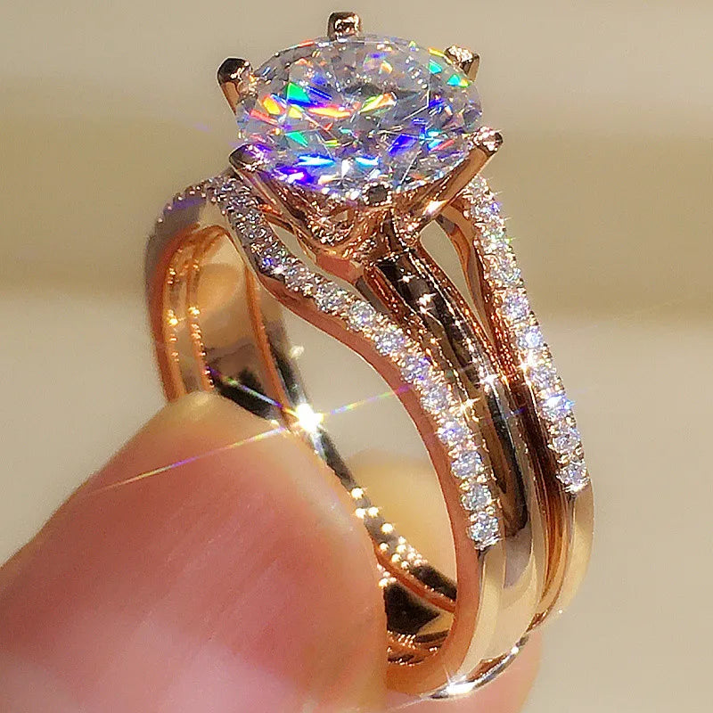 Huitan Classic 6-Claw Rose Gold Cubic Zirconia Ring – Elegant Wedding & Engagement Band