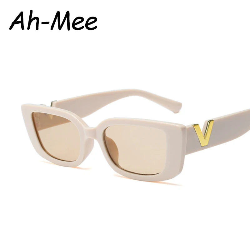 Luxury Urban Chic Rectangular Sunglasses with Gold "V" Detail