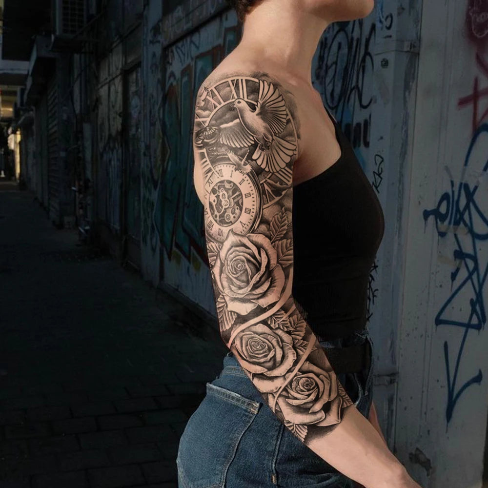 The Clockwork Rose Full-Arm Sleeve: Premium Waterproof Temporary Tattoo