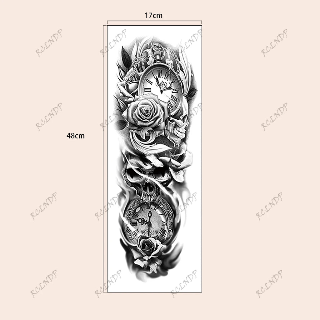 Sophisticated Skull & Rose Temporary Tattoo – Large Realistic Full-Arm Sleeve for Women