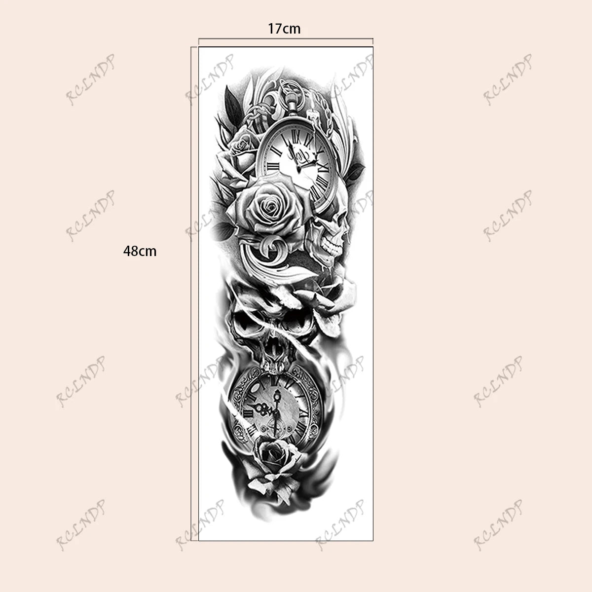 Sophisticated Skull & Rose Temporary Tattoo – Large Realistic Full-Arm Sleeve for Women