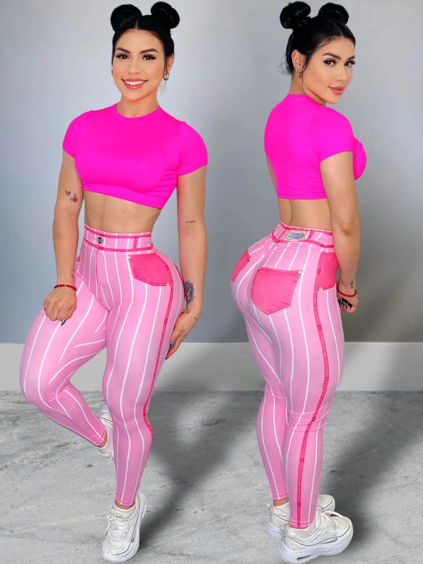 Denim-Look High-Waisted Striped Sculpting Leggings