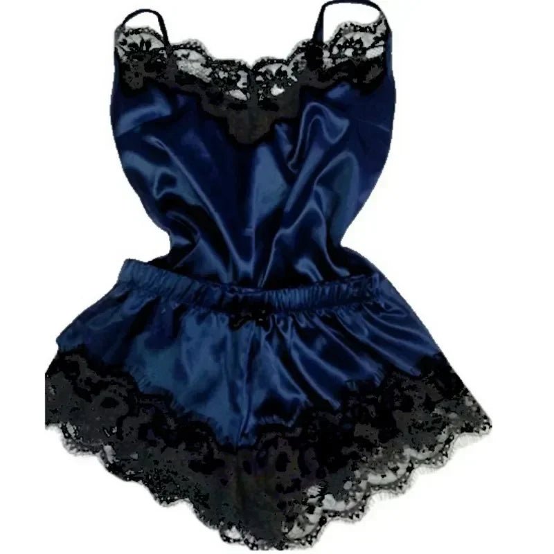 Luxury Satin Lingerie Sleepwear Set – Sexy Lace Trim Cami and Ruffle Shorts Nightwear