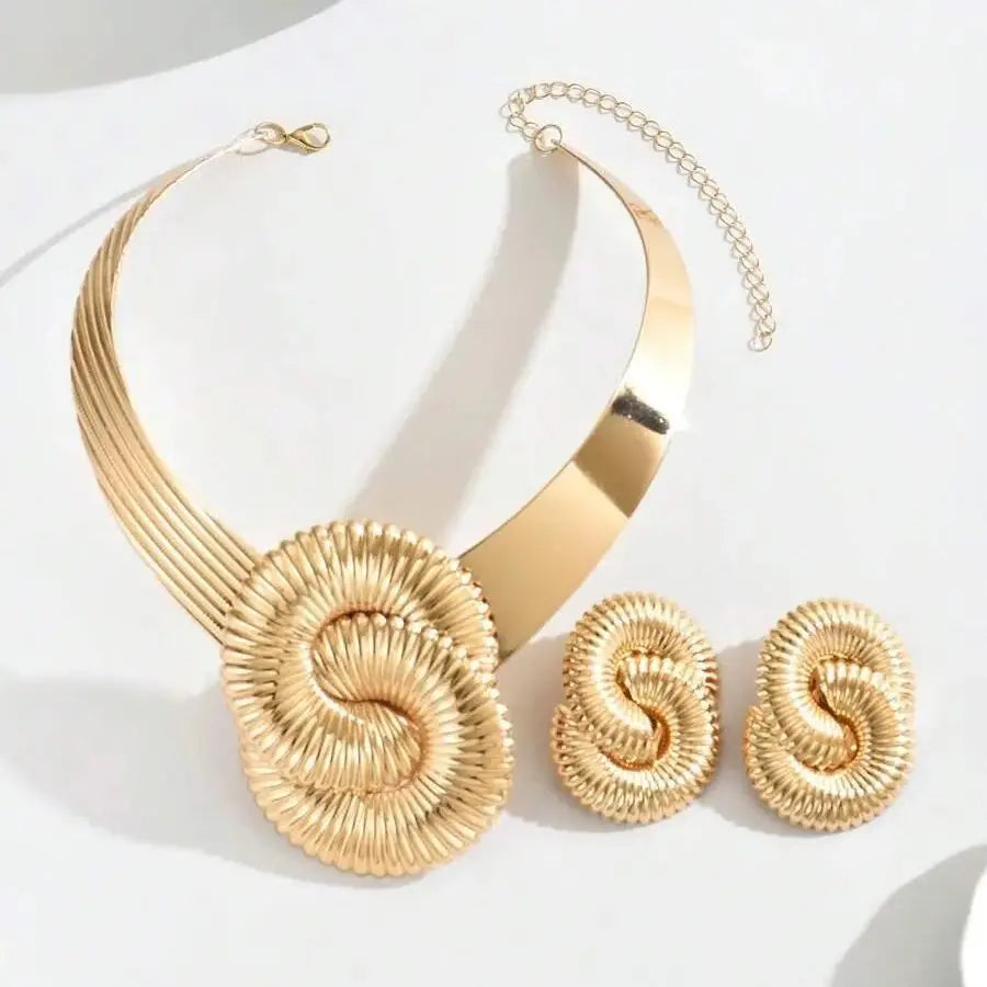 Heavy Metal Swirl Charm Choker & Earrings Set – Elegant Geometric Jewelry Suite Banquet, Party, and Runway Fashion