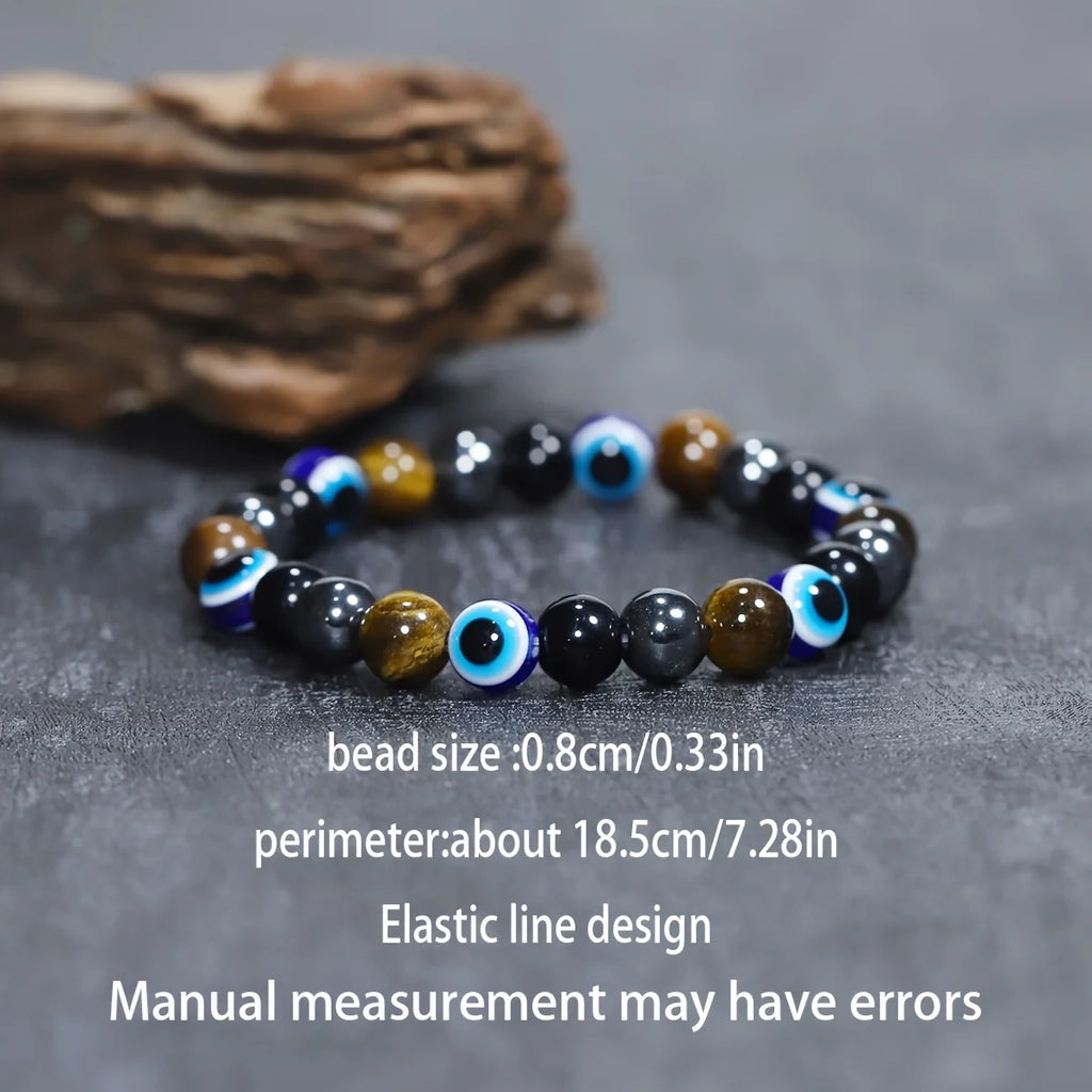 Wealth Protection Stretch Bracelet – Blue Evil Eye, Hematite, Yellow Tiger‘s Eye, Obsidian