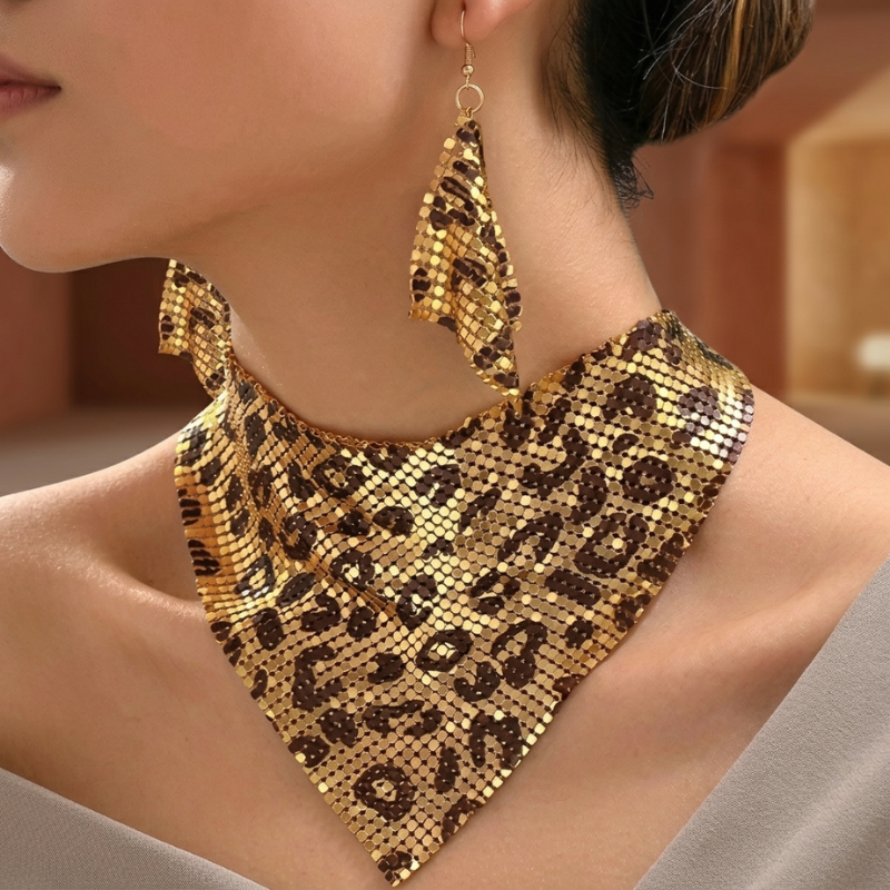A Very Stylish leopard print bib necklace and dangle earring set